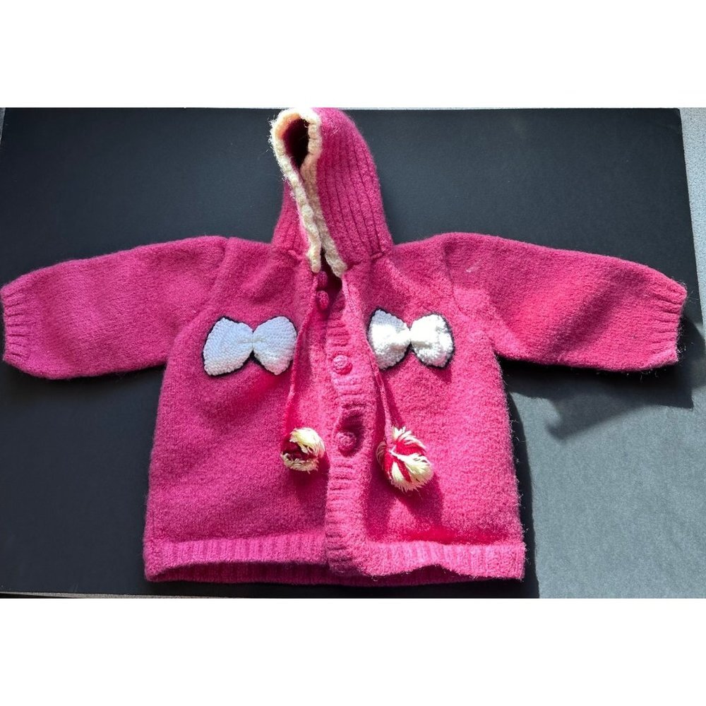 Handmade Knit Button Up Sweater Girls 3T Bow Accent Pink Thick Heavyweight